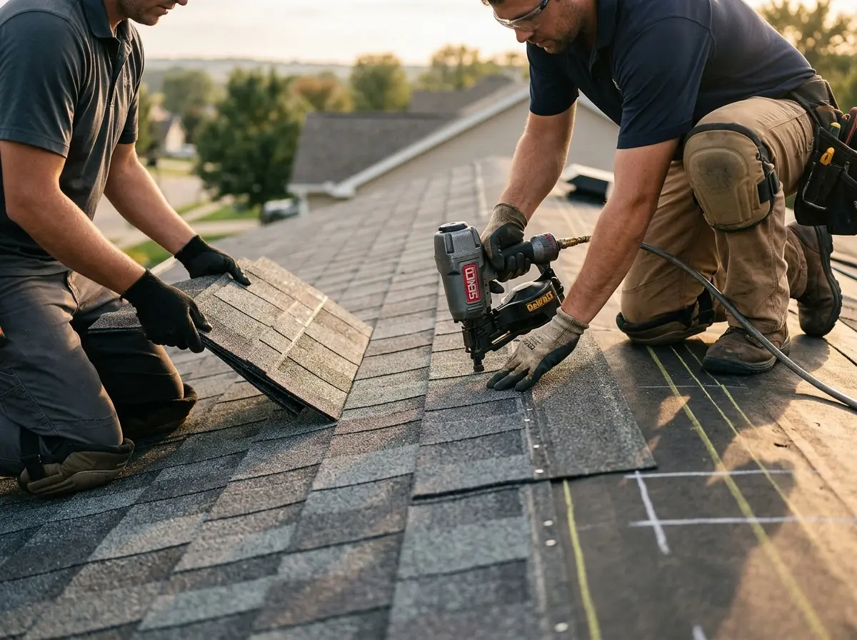 Professional roofer working on a residential roof in Gallatin